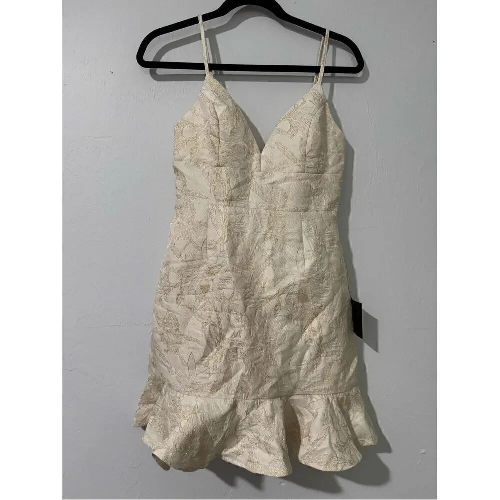 Lulus NWT mini gold shimmer floral bird print dress S